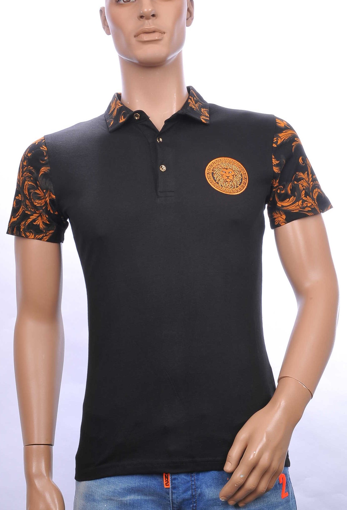 Ci-Borg trendy heren polo T-shirt met leeuwenkop badge Zwart