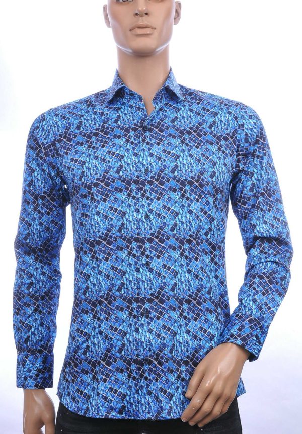 FORTUNATO Italiaans getailleerd slim fit allover dessin heren overhemd Navy