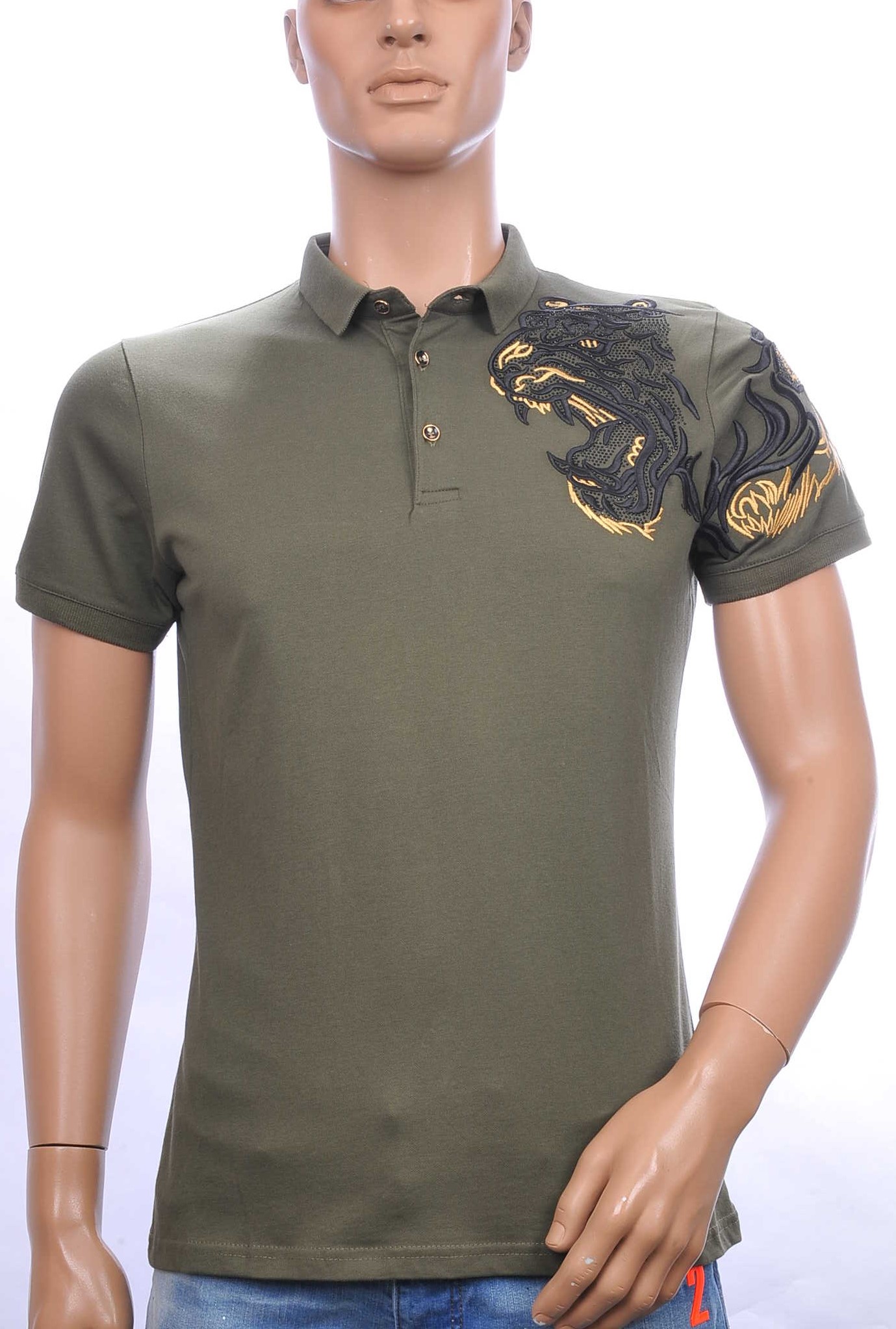 Les Designers Polo T-Shirt met geborduurde tijgerkop Khaki