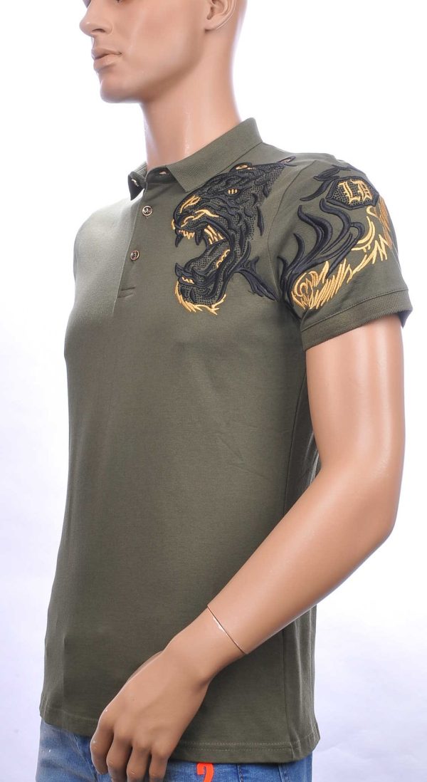 Les Designers Polo T-Shirt met geborduurde tijgerkop Khaki