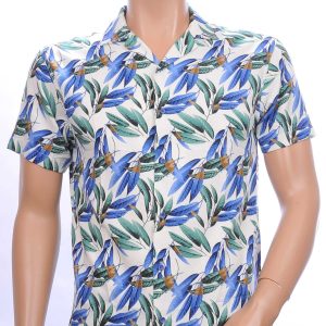 ROXBORY trendy allover bladeren dessin heren korte mouwen overhemd Blauw