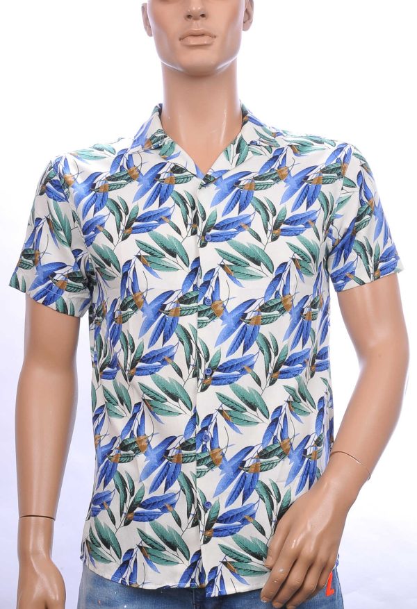 ROXBORY trendy allover bladeren dessin heren korte mouwen overhemd Blauw