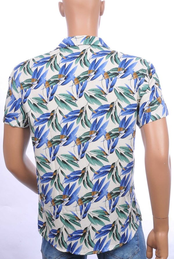 ROXBORY trendy allover bladeren dessin heren korte mouwen overhemd Blauw