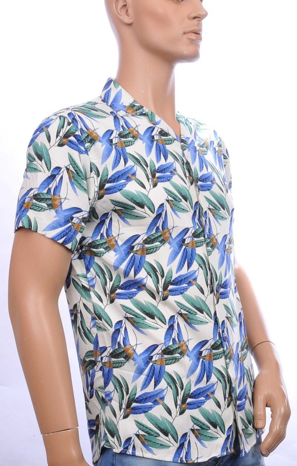 ROXBORY trendy allover bladeren dessin heren korte mouwen overhemd Blauw