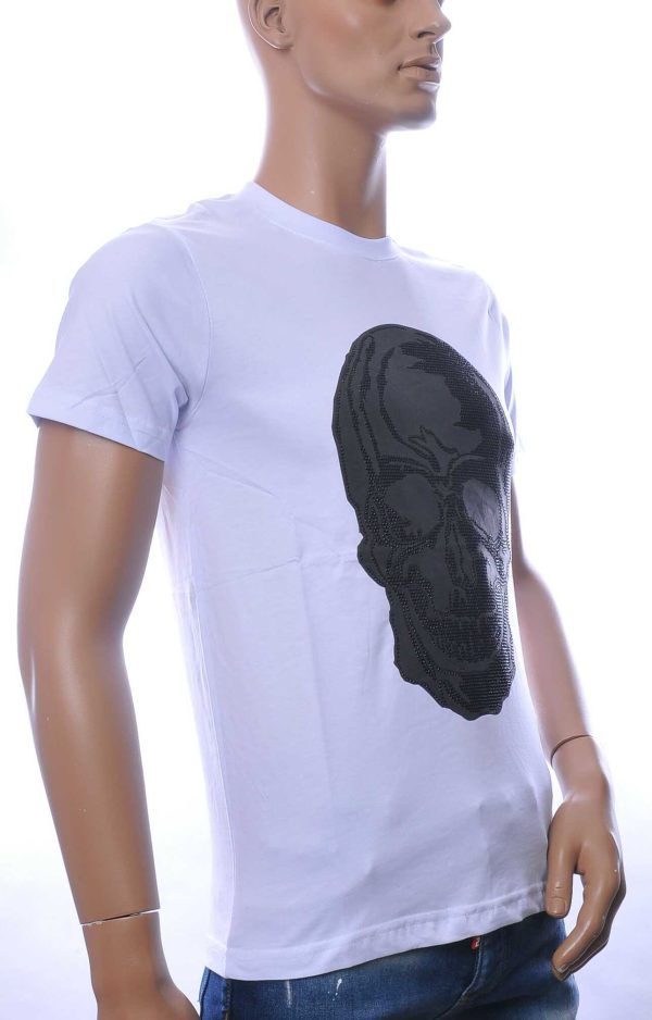By Bugotti Trendy Ronde Hals Heren Skull T-shirt met Steentjes Print - Wit