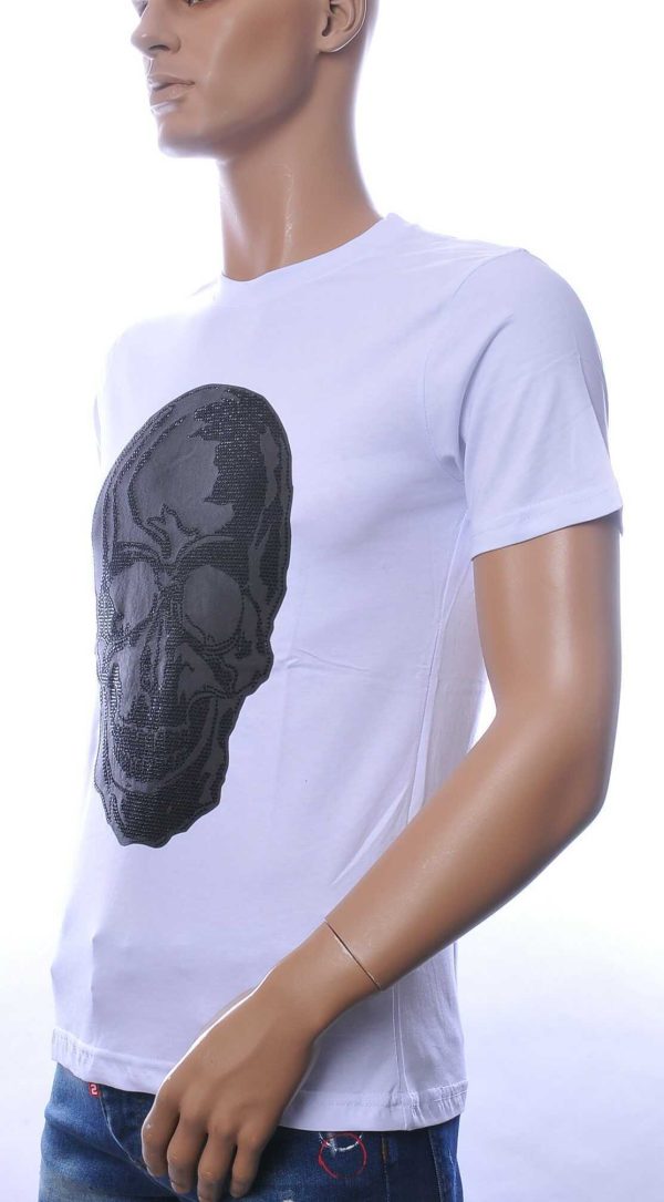 By Bugotti Trendy Ronde Hals Heren Skull T-shirt met Steentjes Print - Wit