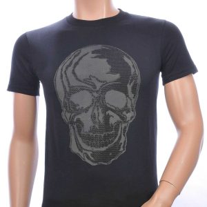 By Bugotti Trendy Ronde Hals Heren Skull T-shirt met Steentjes Print - Zwart