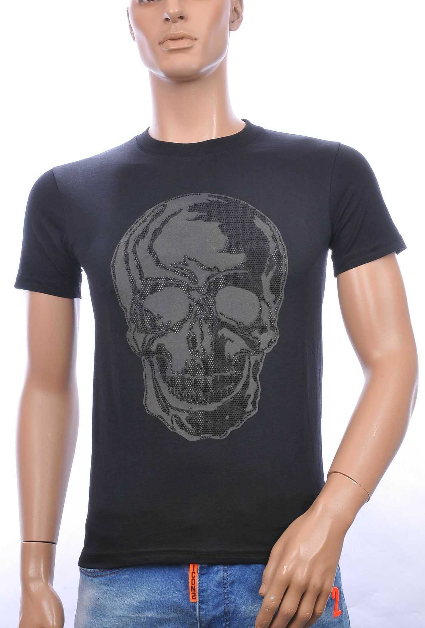 By Bugotti Trendy Ronde Hals Heren Skull T-shirt met Steentjes Print - Zwart