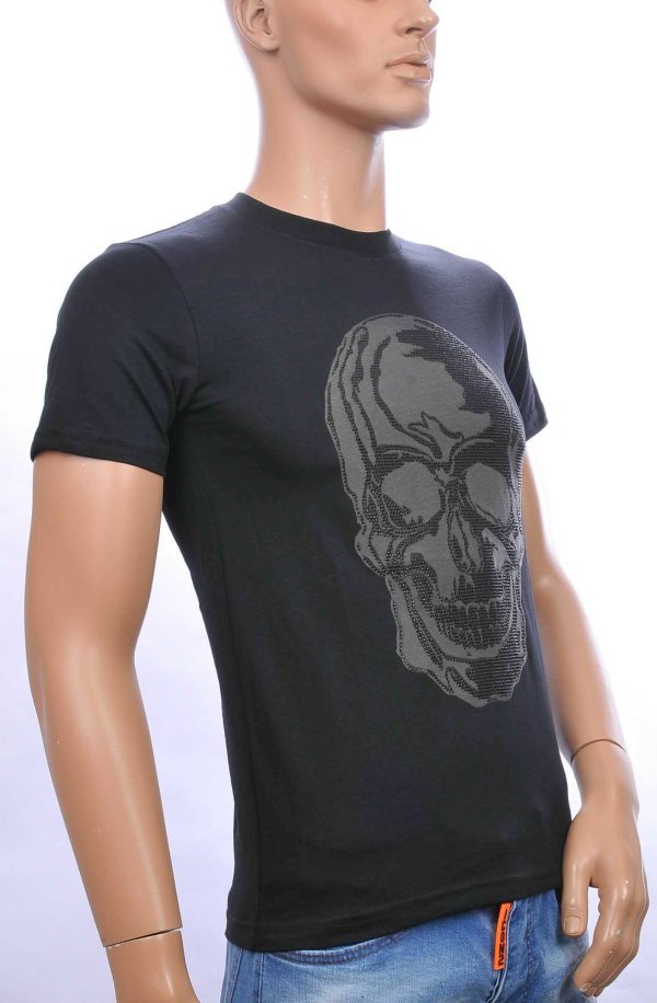 By Bugotti Trendy Ronde Hals Heren Skull T-shirt met Steentjes Print - Zwart