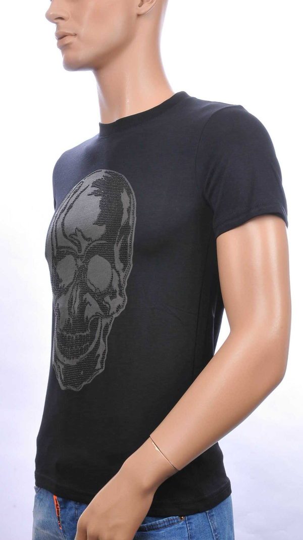 By Bugotti Trendy Ronde Hals Heren Skull T-shirt met Steentjes Print - Zwart