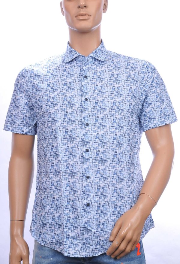 BERZO modern fit allover blokjes dessin heren overhemd met korte mouwen Blauw