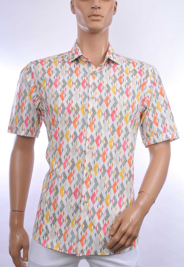 FORTUNATO trendy allover geometrisch dessin korte mouwen Italiaanse overhemd Geel