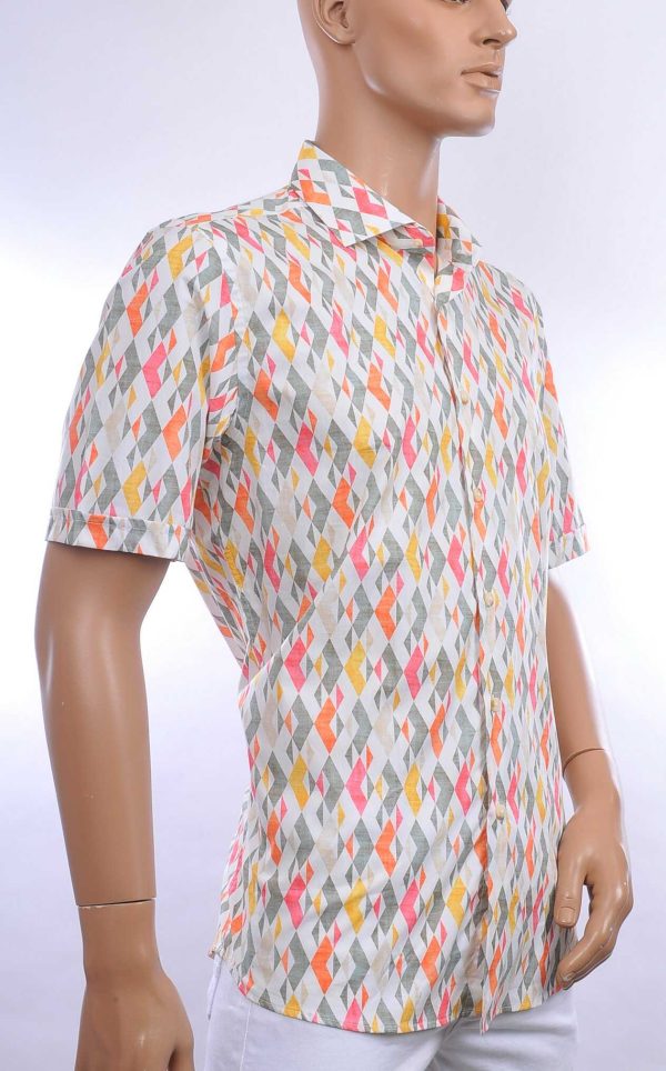 FORTUNATO trendy allover geometrisch dessin korte mouwen Italiaanse overhemd Geel