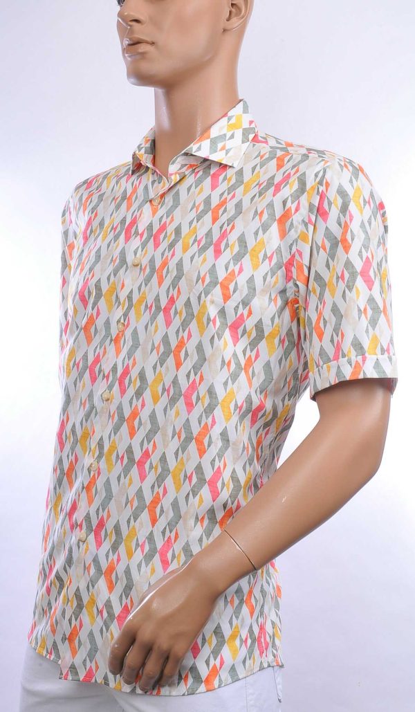 FORTUNATO trendy allover geometrisch dessin korte mouwen Italiaanse overhemd Geel