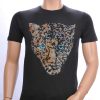 FRANCO RENZO ronde hals heren T-Shirt met tijgerkop print met steentjes Zwart