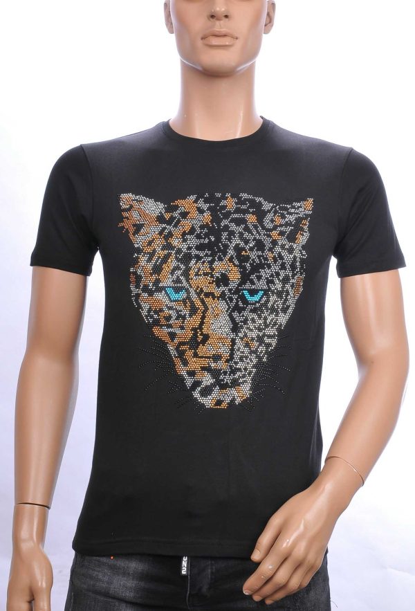 FRANCO RENZO ronde hals heren T-Shirt met tijgerkop print met steentjes Zwart