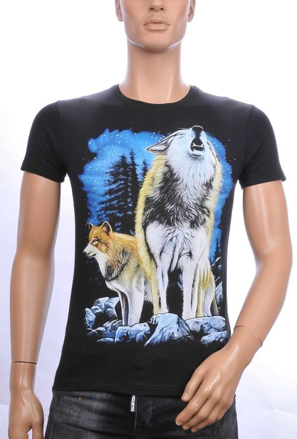 FRANCO RENZO trendy ronde hals heren T-shirt met grijs wolf print Zwart