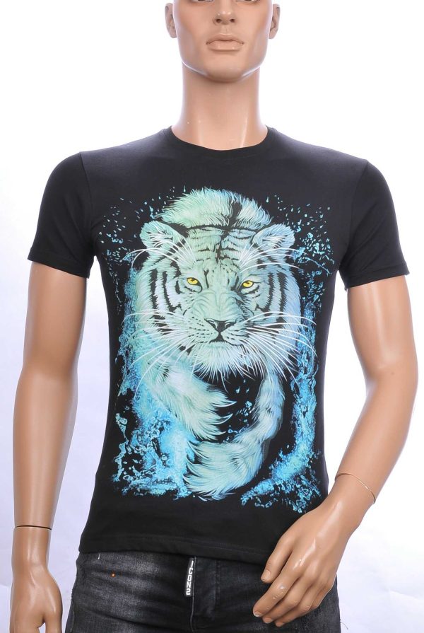 FRANCO RENZO trendy ronde hals heren T-shirt met tijger print Zwart