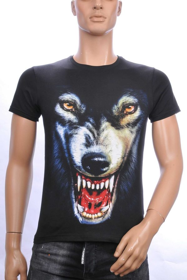 FRANCO RENZO trendy ronde hals heren T-shirt met wild wolf print Zwart