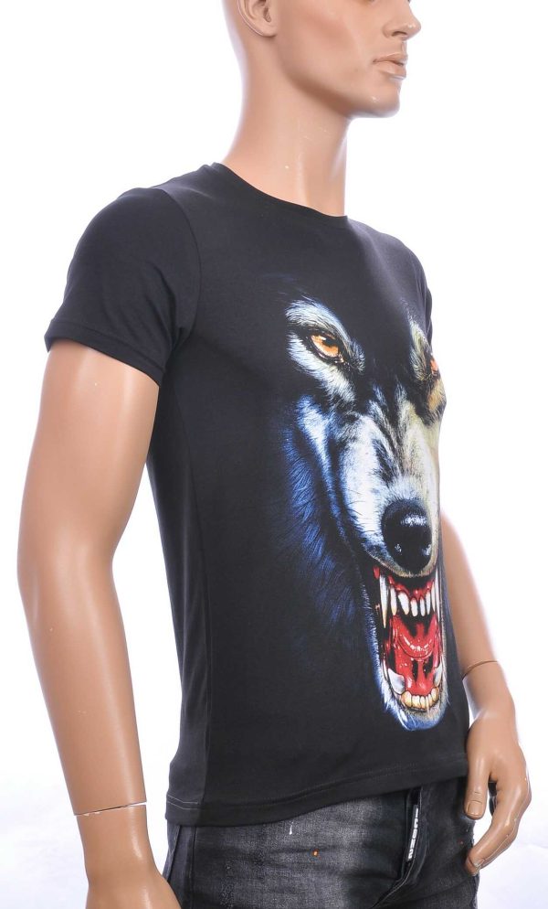 FRANCO RENZO trendy ronde hals heren T-shirt met wild wolf print Zwart