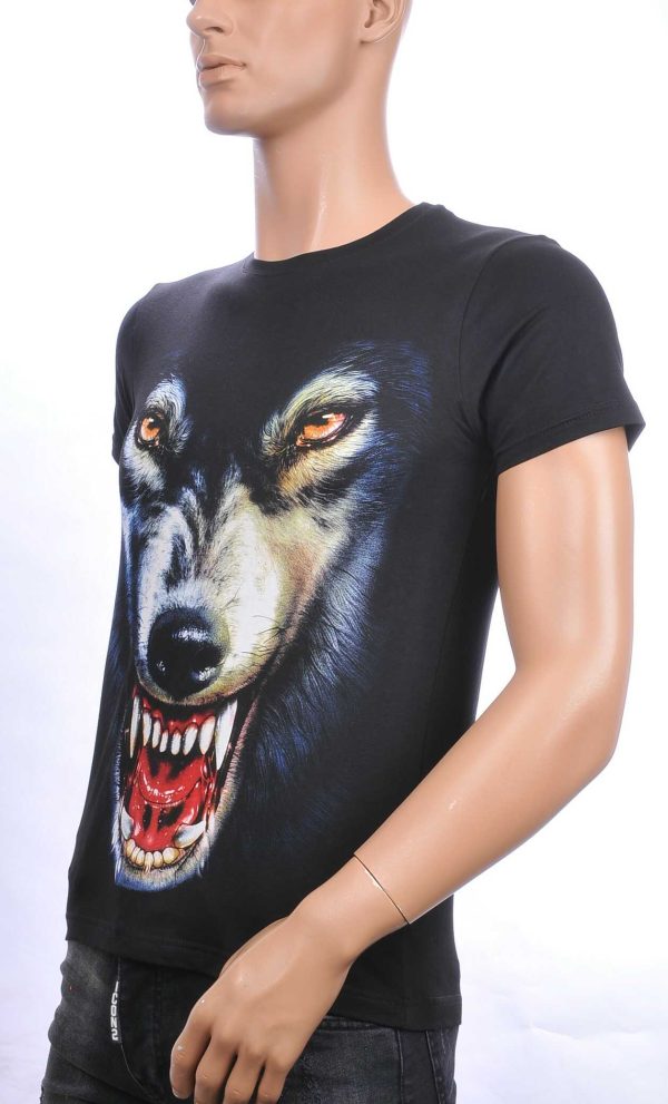 FRANCO RENZO trendy ronde hals heren T-shirt met wild wolf print Zwart