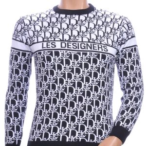 CI-BORG trendy allover modern dessin ronde hals dunne heren trui Navy