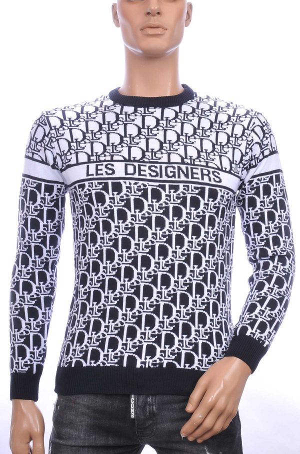 CI-BORG trendy allover modern dessin ronde hals dunne heren trui Navy