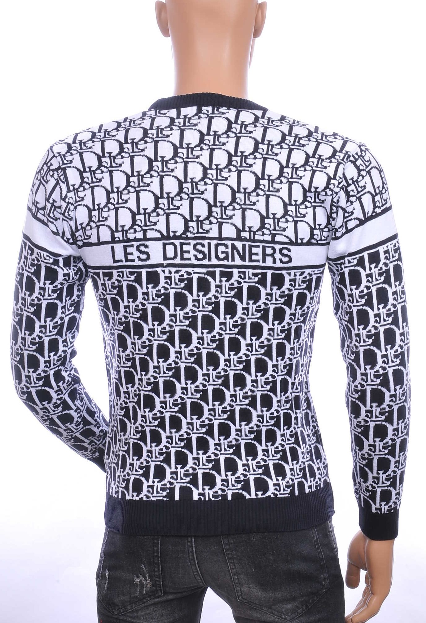 CI-BORG trendy allover modern dessin ronde hals dunne heren trui Navy