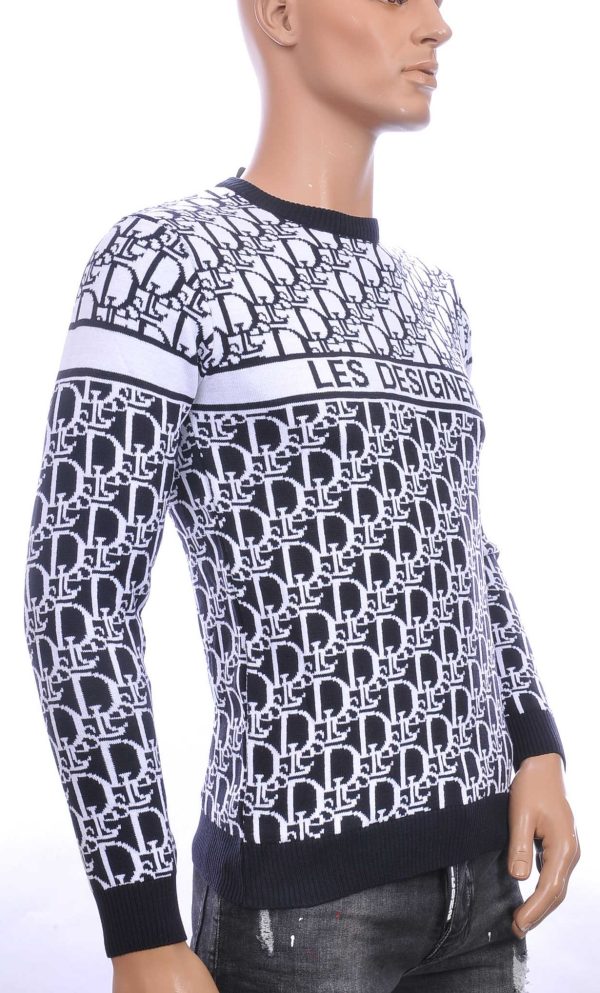 CI-BORG trendy allover modern dessin ronde hals dunne heren trui Navy