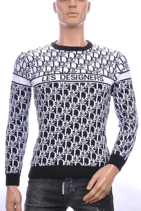 CI-BORG trendy allover modern dessin ronde hals dunne heren trui Zwart