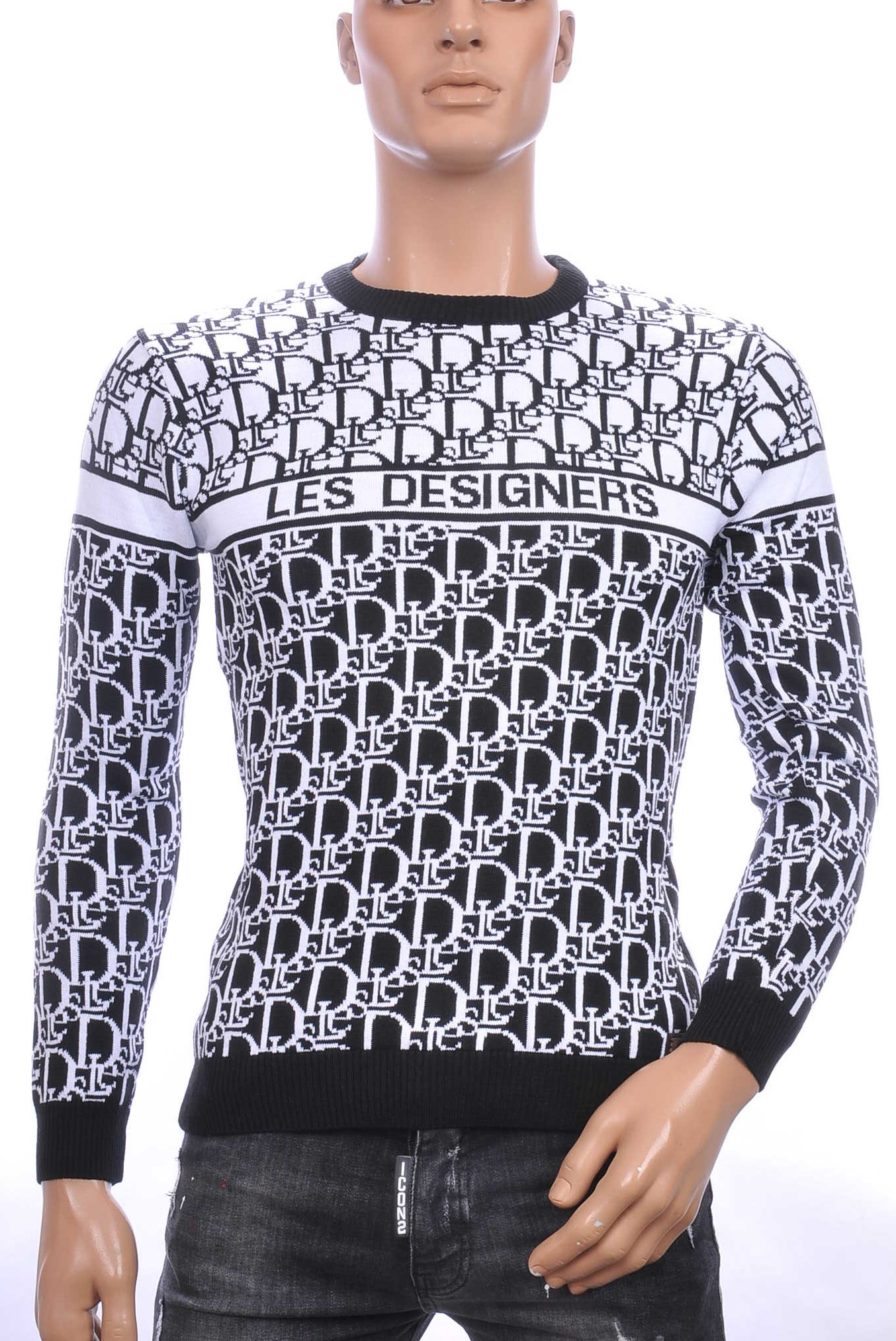 CI BORG trendy allover modern dessin ronde hals dunne heren trui Zwart