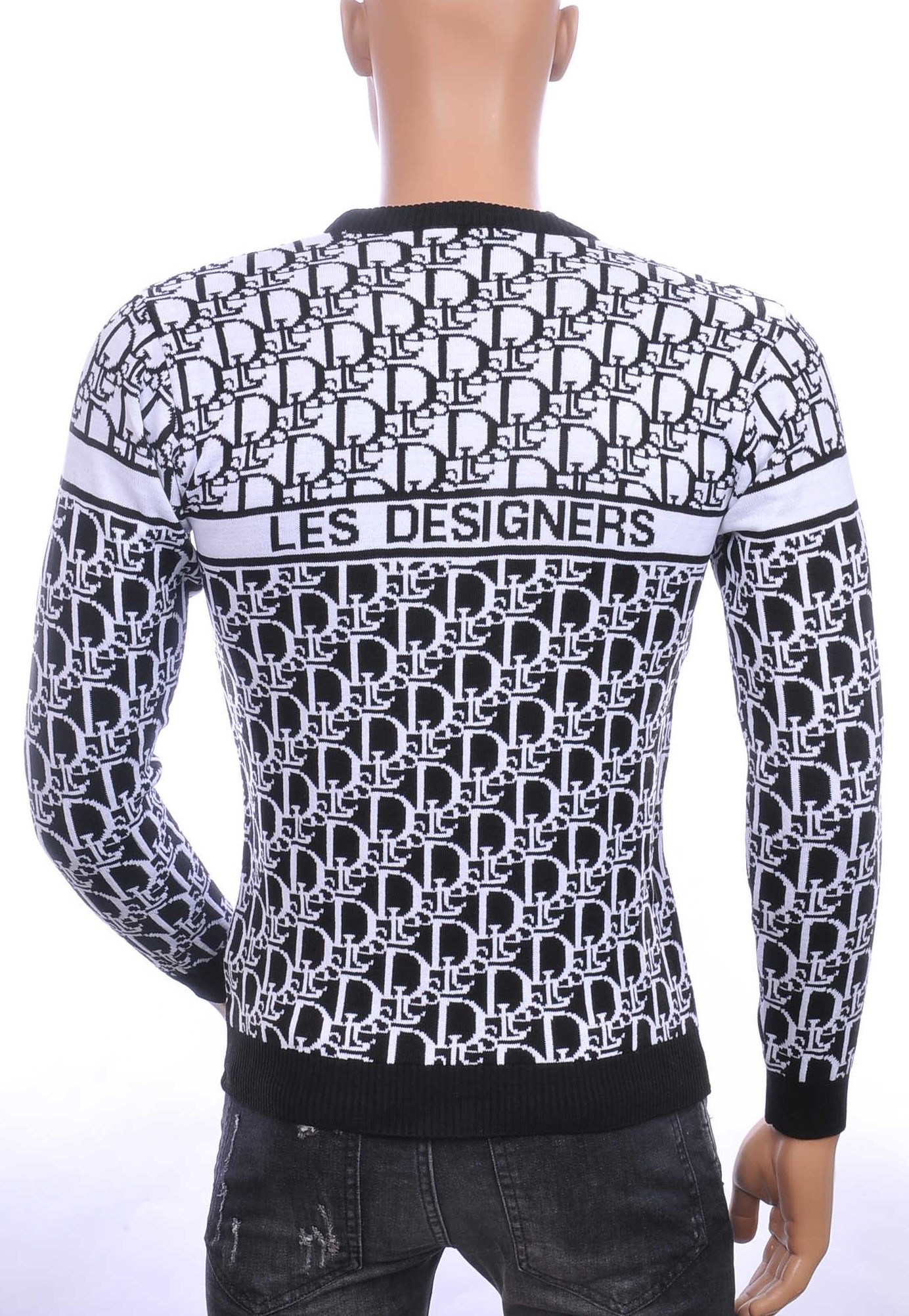 CI-BORG trendy allover modern dessin ronde hals dunne heren trui Zwart