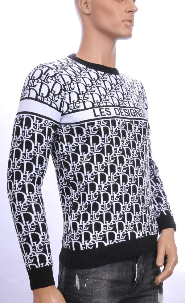 CI-BORG trendy allover modern dessin ronde hals dunne heren trui Zwart