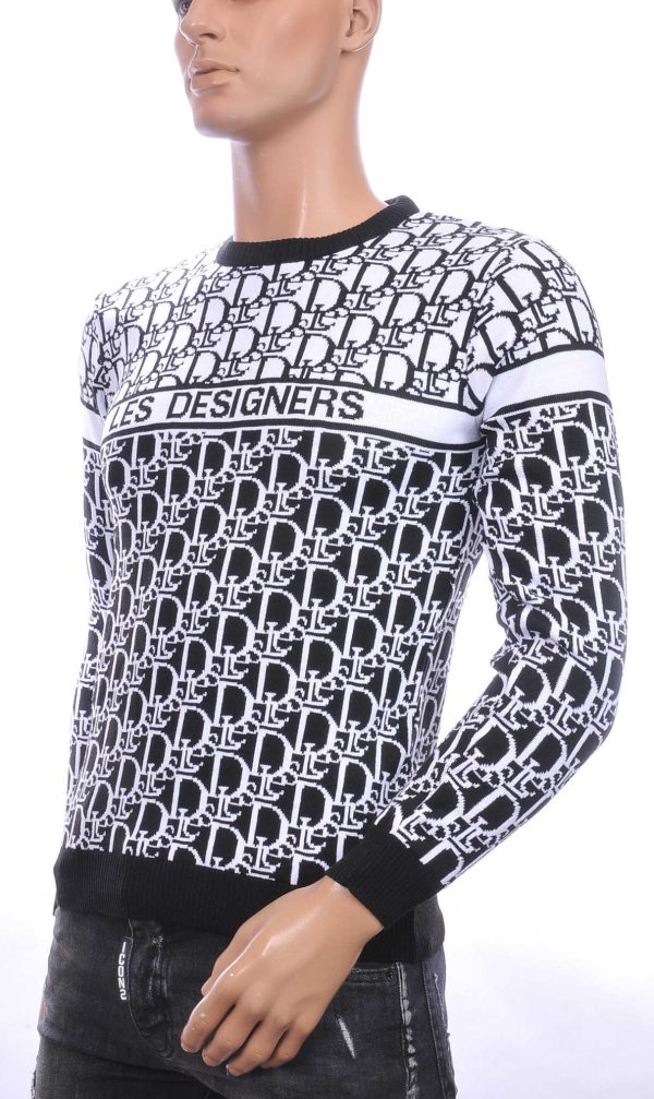 CI-BORG trendy allover modern dessin ronde hals dunne heren trui Zwart