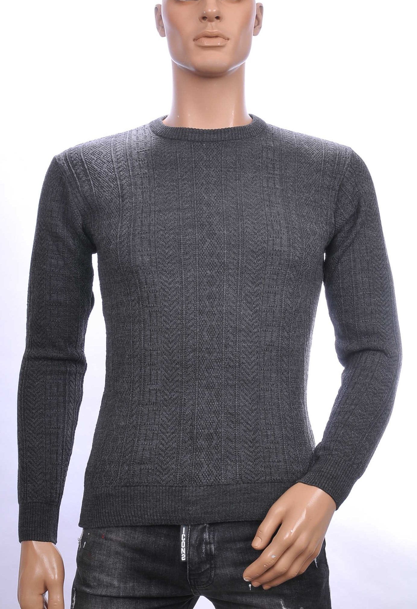 CI-BORG trendy allover modern dessin ronde hals dunne heren trui Antraciet