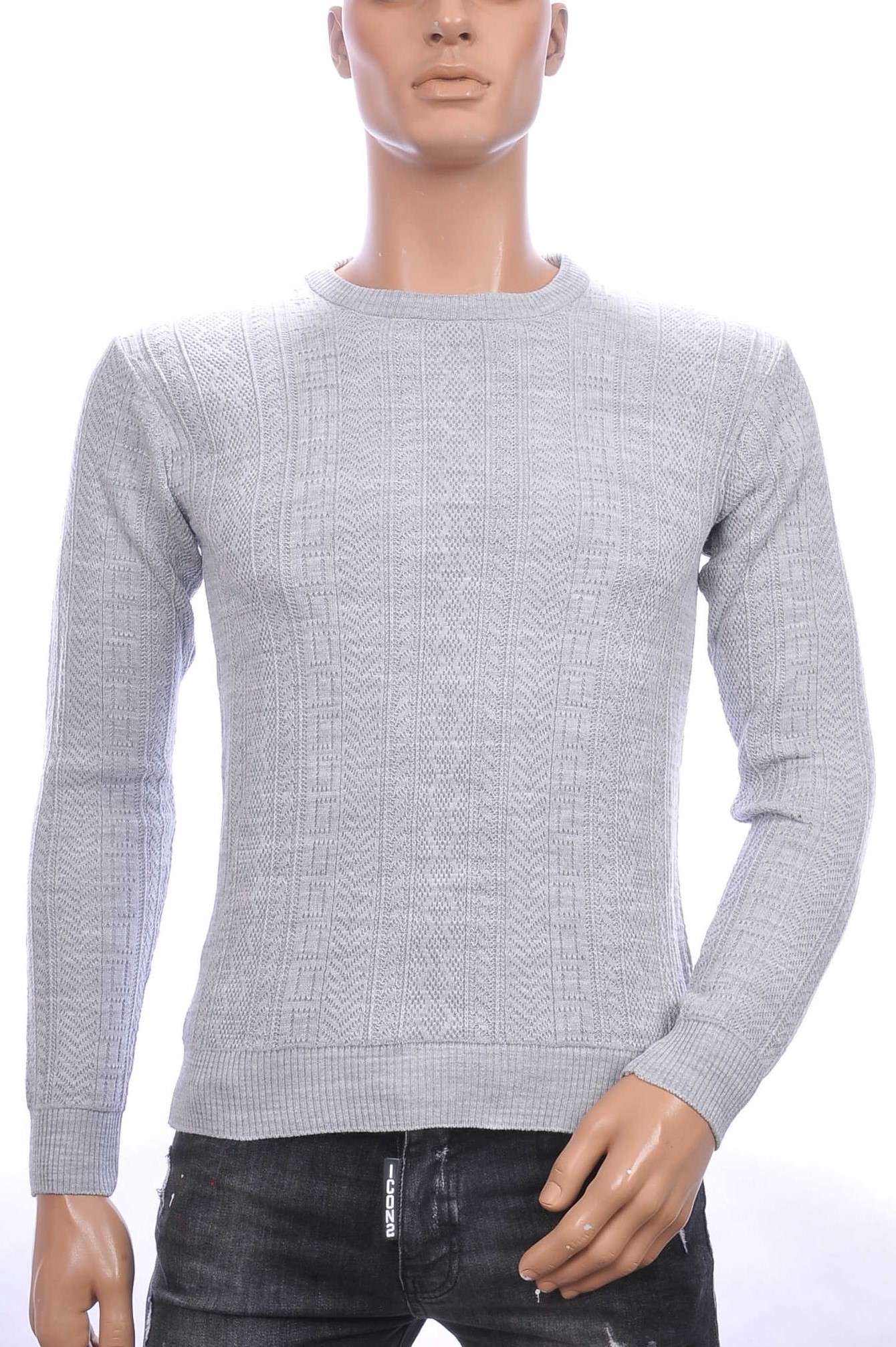 CI-BORG trendy allover modern dessin ronde hals dunne heren trui Grijs