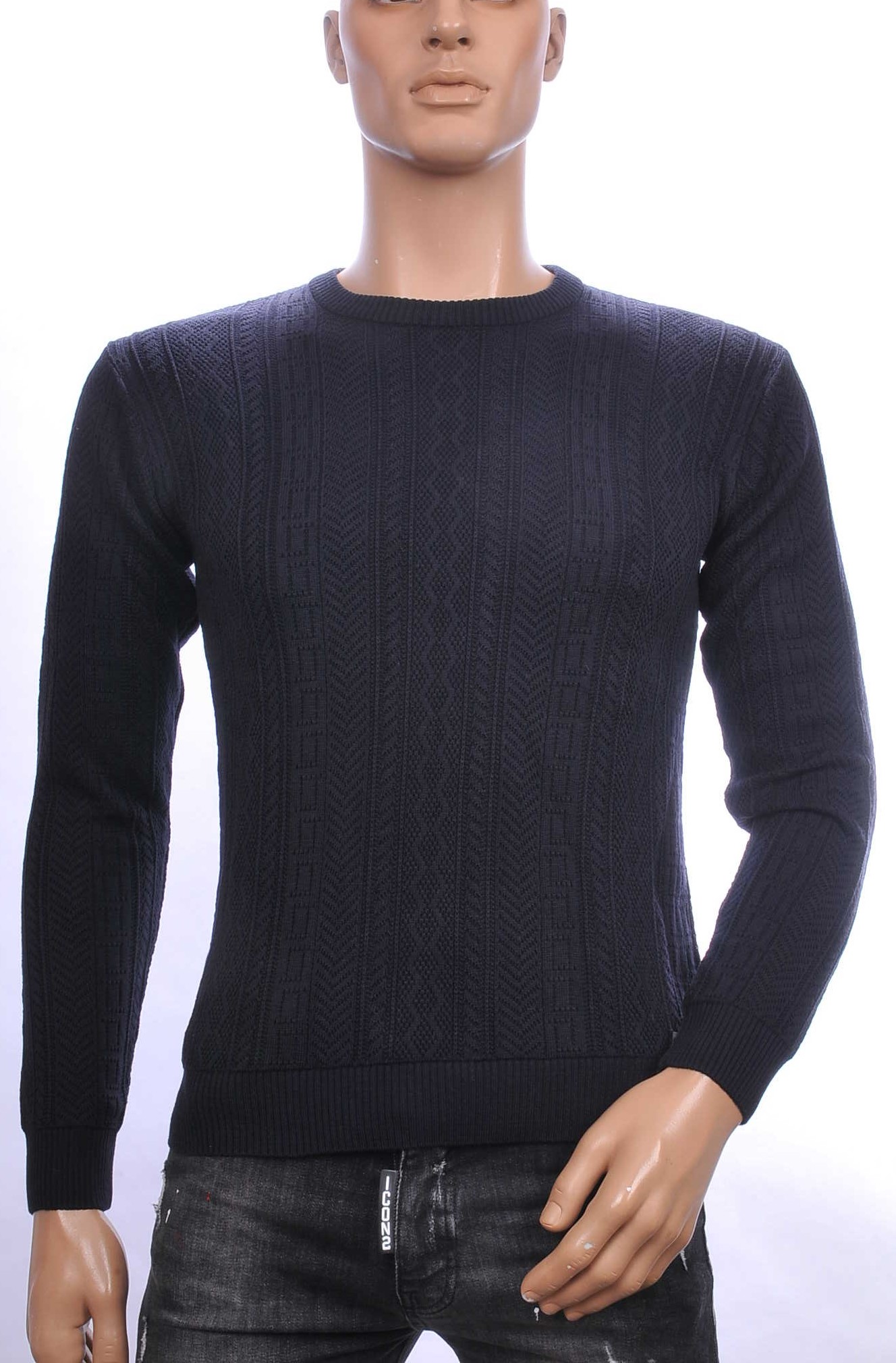 CI-BORG trendy allover modern dessin ronde hals dunne heren trui Navy