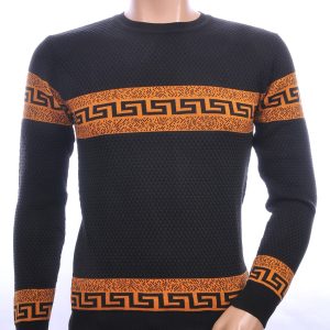 CI-BORG trendy allover modern dessin ronde hals dunne heren trui Zwart-Bruin