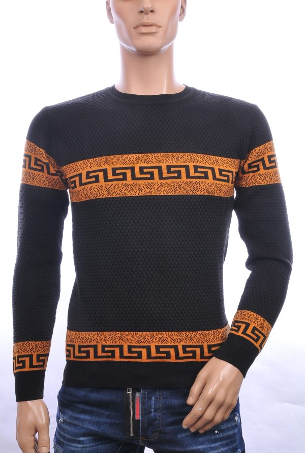 CI-BORG trendy allover modern dessin ronde hals dunne heren trui Zwart-Bruin