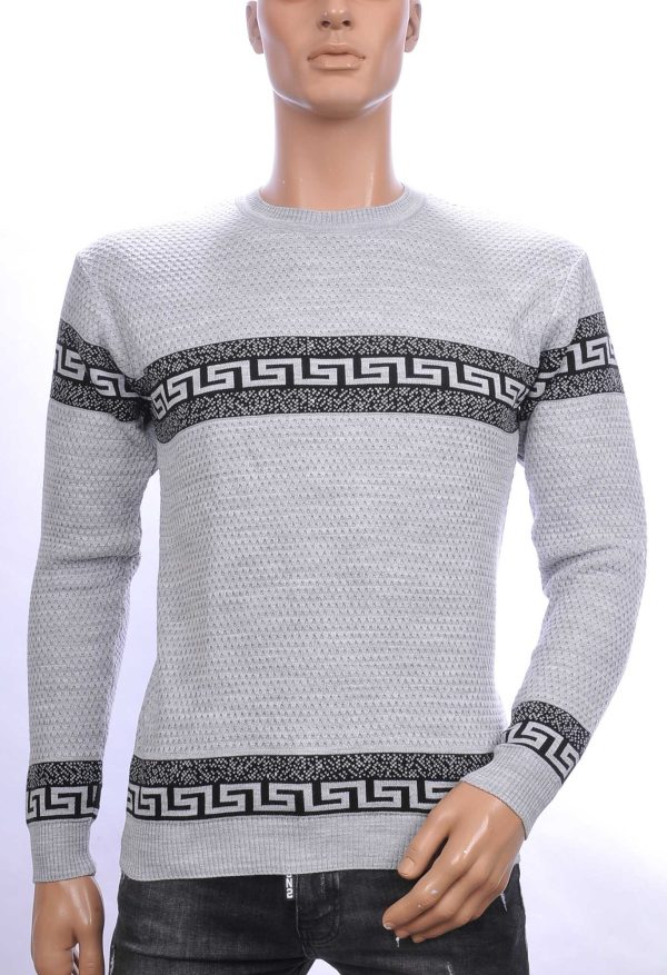 CI-BORG trendy allover modern dessin ronde hals dunne heren trui Grijs