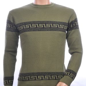 CI-BORG trendy allover modern dessin ronde hals dunne heren trui Khaki
