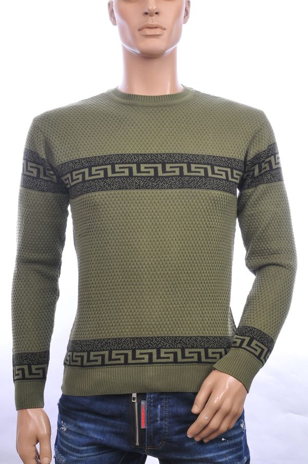 CI-BORG trendy allover modern dessin ronde hals dunne heren trui Khaki