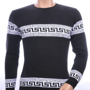 CI-BORG trendy allover modern dessin ronde hals dunne heren trui Zwart-Wit