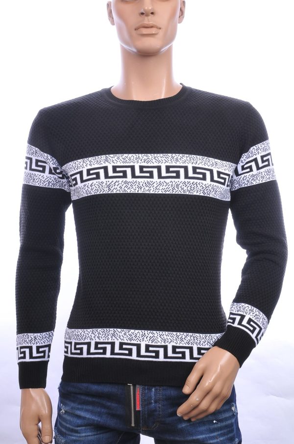 CI-BORG trendy allover modern dessin ronde hals dunne heren trui Zwart-Wit