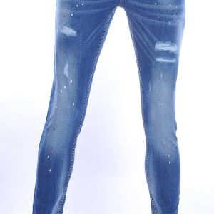 ICON hippie gescheurde slim fit stretch heren jeans met verfspatten Blauw