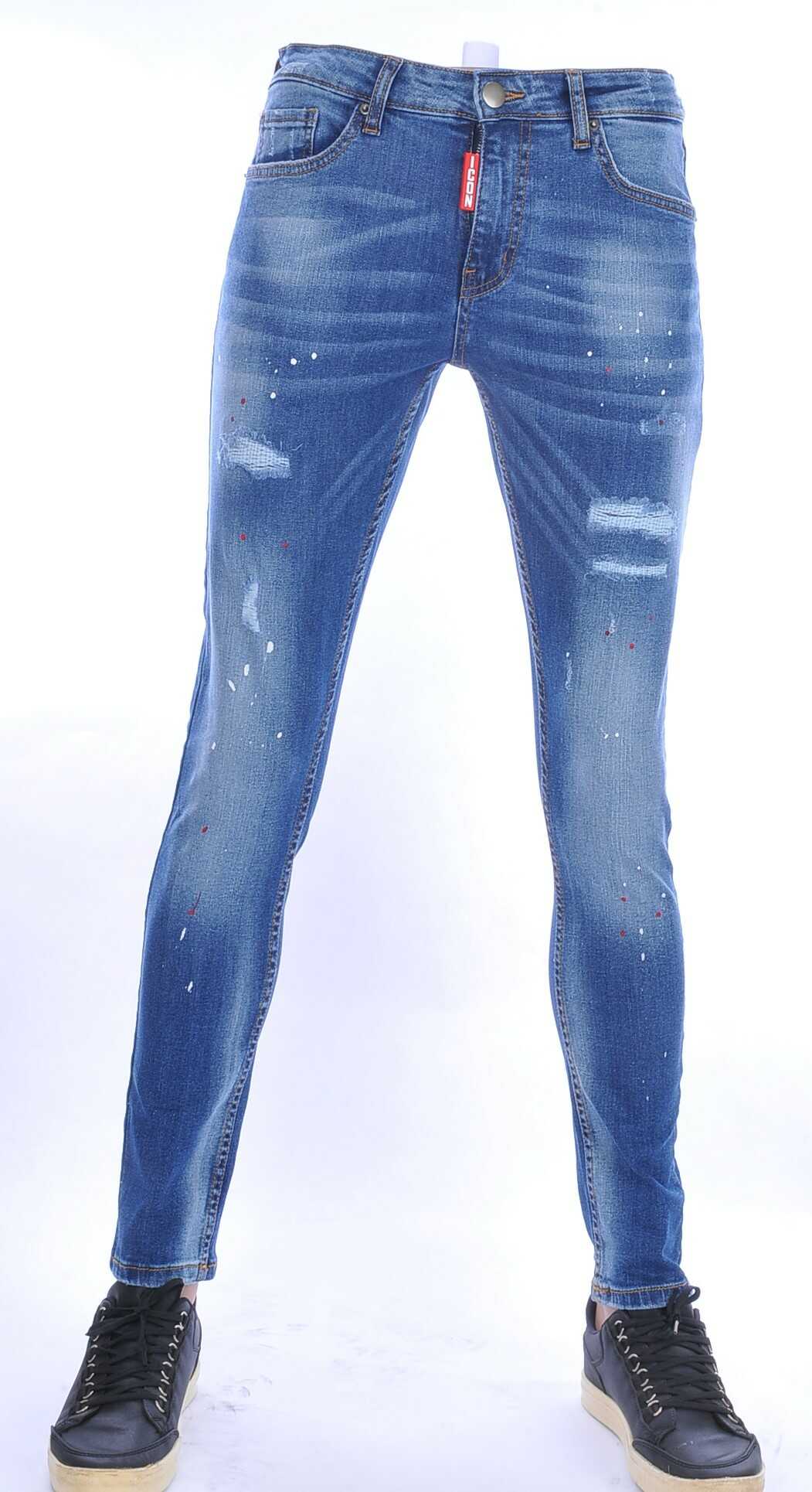 ICON hippie gescheurde slim fit stretch heren jeans met verfspatten Blauw