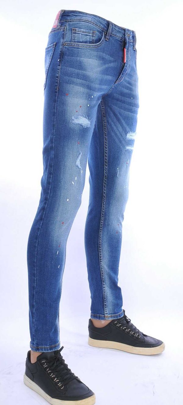 ICON hippie gescheurde slim fit stretch heren jeans met verfspatten Blauw