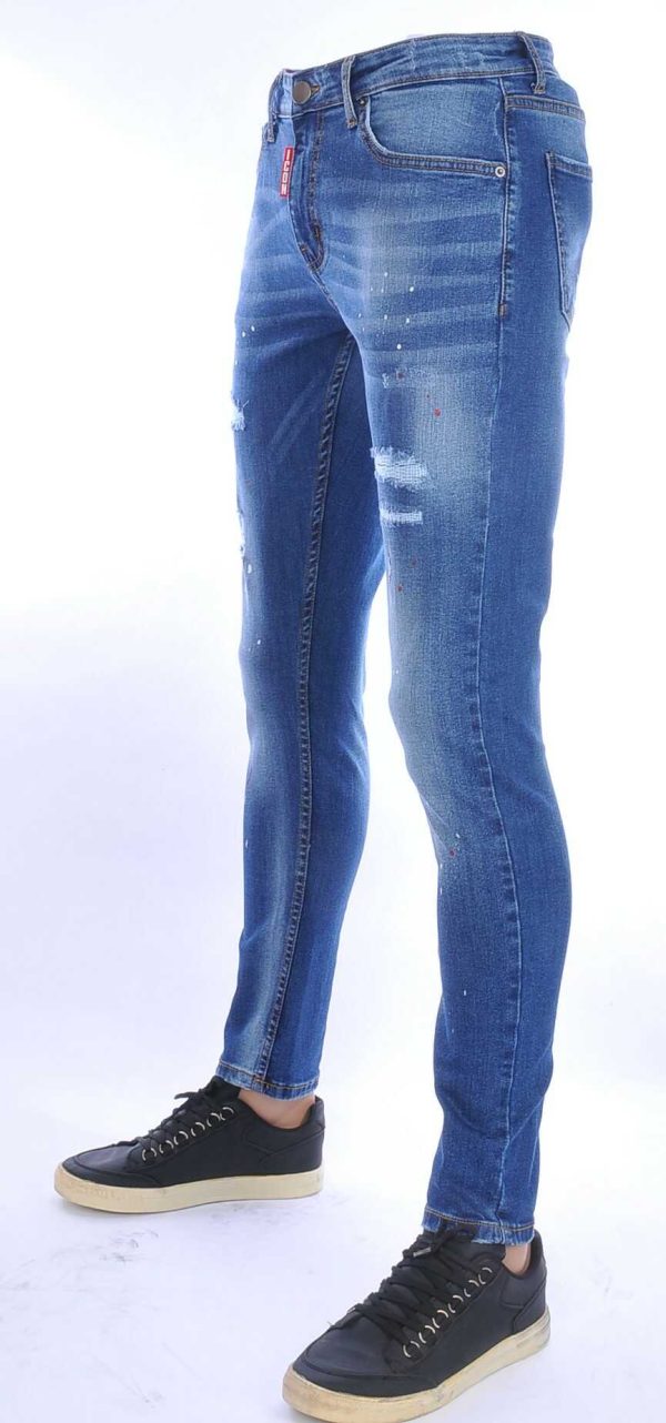 ICON hippie gescheurde slim fit stretch heren jeans met verfspatten Blauw