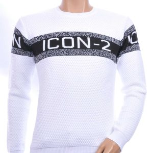 CI-BORG trendy ICON-2 allover modern dessin ronde hals dunne heren trui Wit