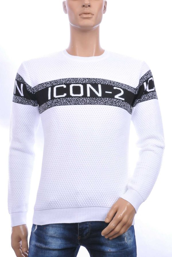 CI-BORG trendy ICON-2 allover modern dessin ronde hals dunne heren trui Wit